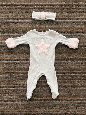 PL Baby Plush Star Footie One-Piece with Headband - Gray & Pink